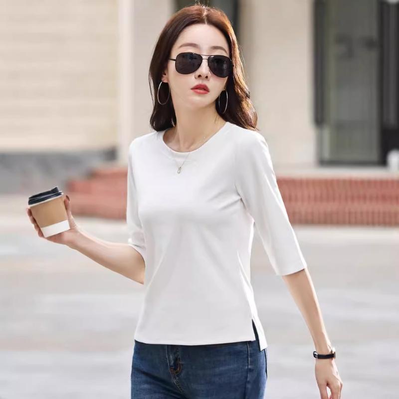 Summer T Shirt Women Cotton O-Neck Streetwear Tshirt Short Sleeve Solid Color Three Quarter Sleeve Tee Shirt Femme Sexy