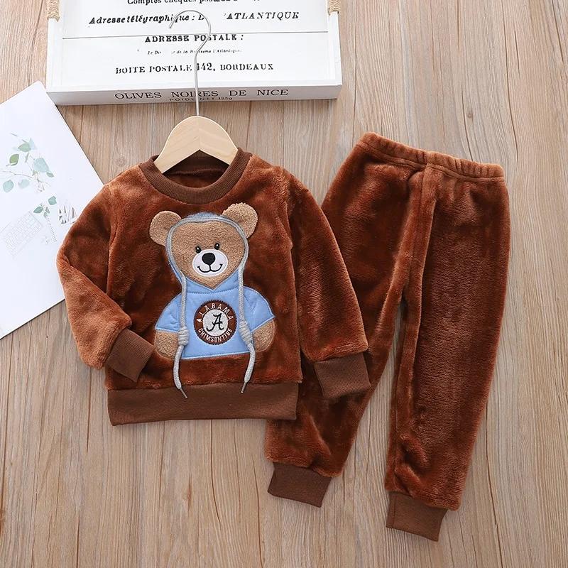 Autumn Winter Baby Boy Flannel Pajamas Sets Plush Hooded Jacket 2pcs Children's Casual Outfit Suits Kids Velvet Tracksuit Toddler Girl Clothing