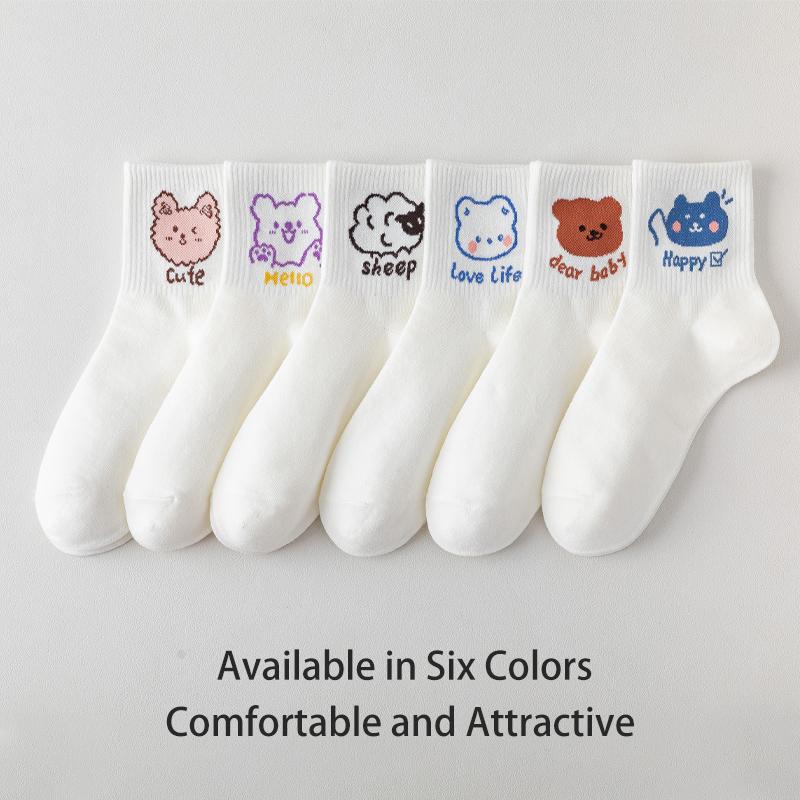 6 Pairs of Women's Spring and Autumn Cartoon Cute Animal Letter Slogan Sweet College Style Summer Breathable Mid Tube Socks