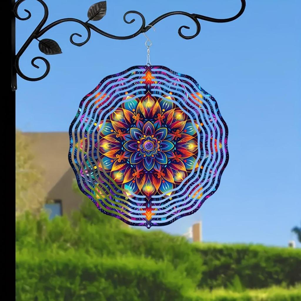 10-Inch Colorful Mandala Wind Spinner – 3D Laser-Cut Metal Art Decor, 360° Rotating Hook for Indoor/Outdoor Use – Vibrant Geometric Garden Spinner
