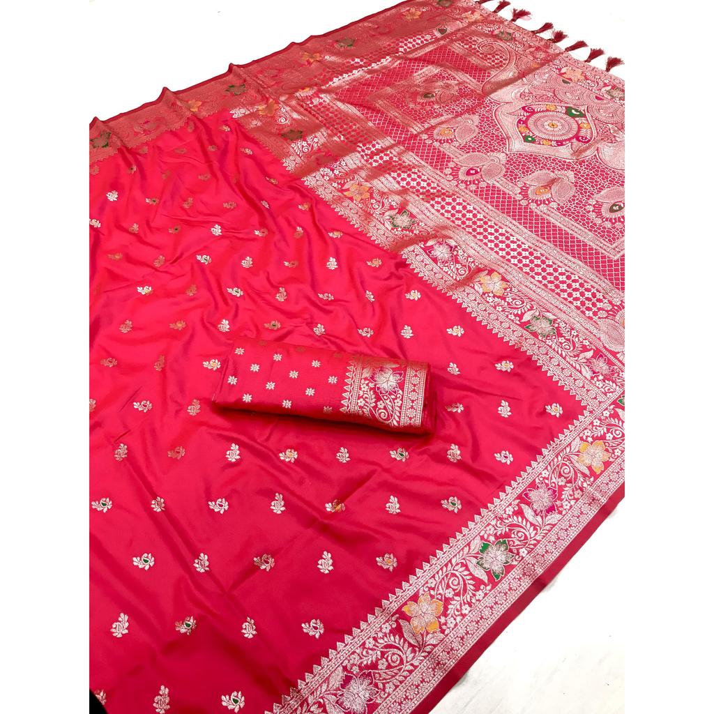 Soft Banarasi Silk Saree with Zari Weaving Meenakari Touchup Design All Over the Saree