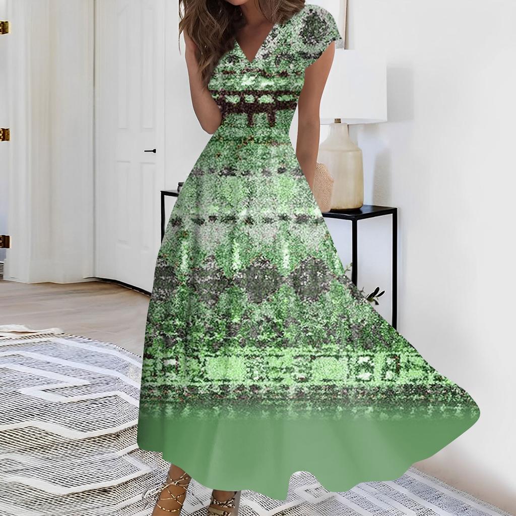 Женское длинное платье Макси-платье Повседневное платье Летнее повседневное платье с короткими рукавами и v-образным вырезом в стиле бохо с талией и принтом