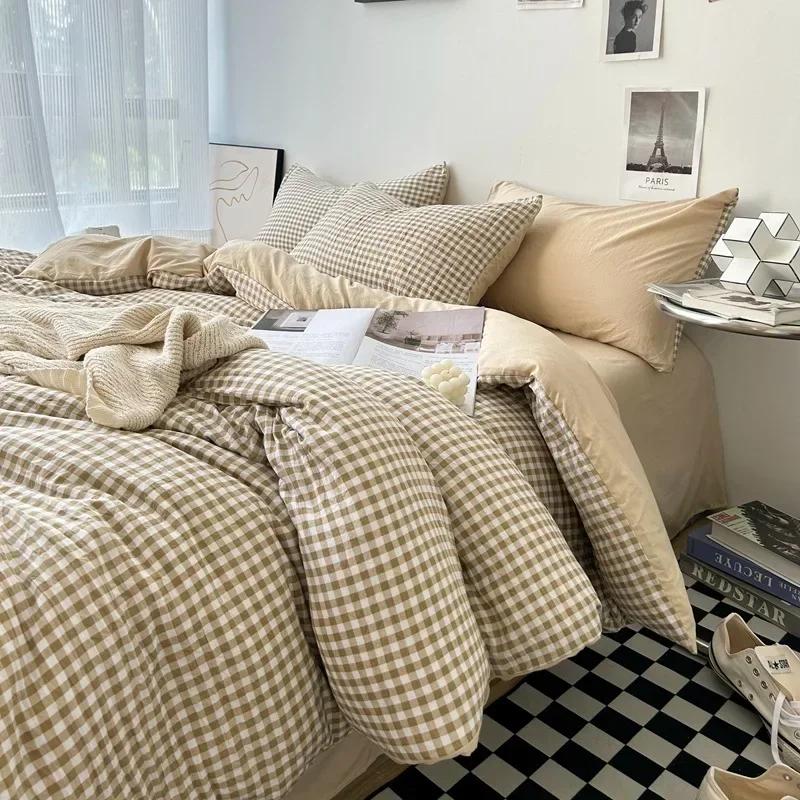 Комплект постельного белья из 3/4 полосатых пододеяльников в клетку с простыней и 2 наволочками, мягкий, приятный для кожи, без наполнителя, теплый, двуспальный, полный комплект постельного белья размера «queen-size»