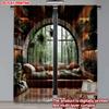 Set Of 2 Arch Window Forest View Curtains Flat Digital Printing Cozy Indoor Scene Sofa Pillows Plants Single Layer Decor Curtain Polyester