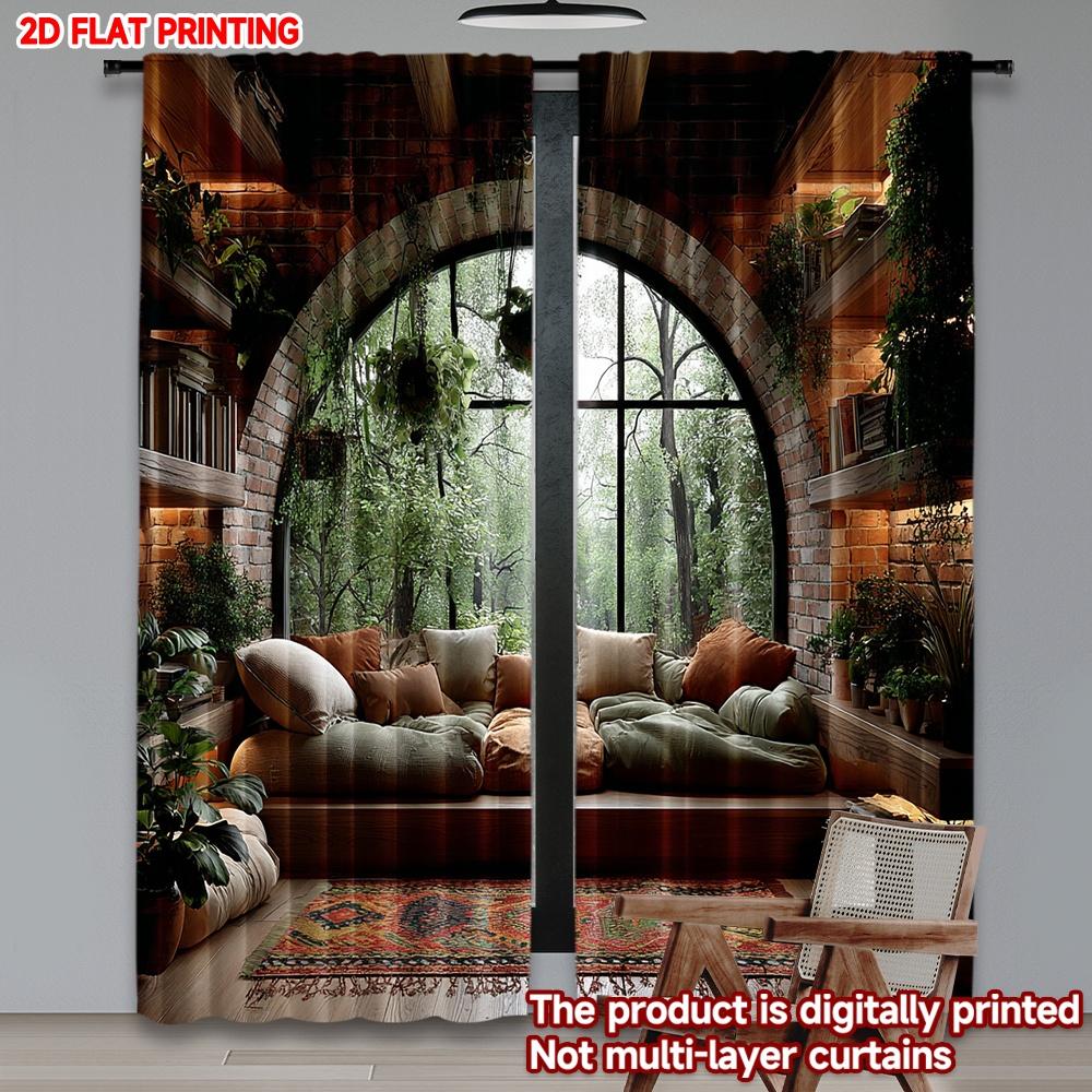 Set Of 2 Arch Window Forest View Curtains Flat Digital Printing Cozy Indoor Scene Sofa Pillows Plants Single Layer Decor Curtain Polyester