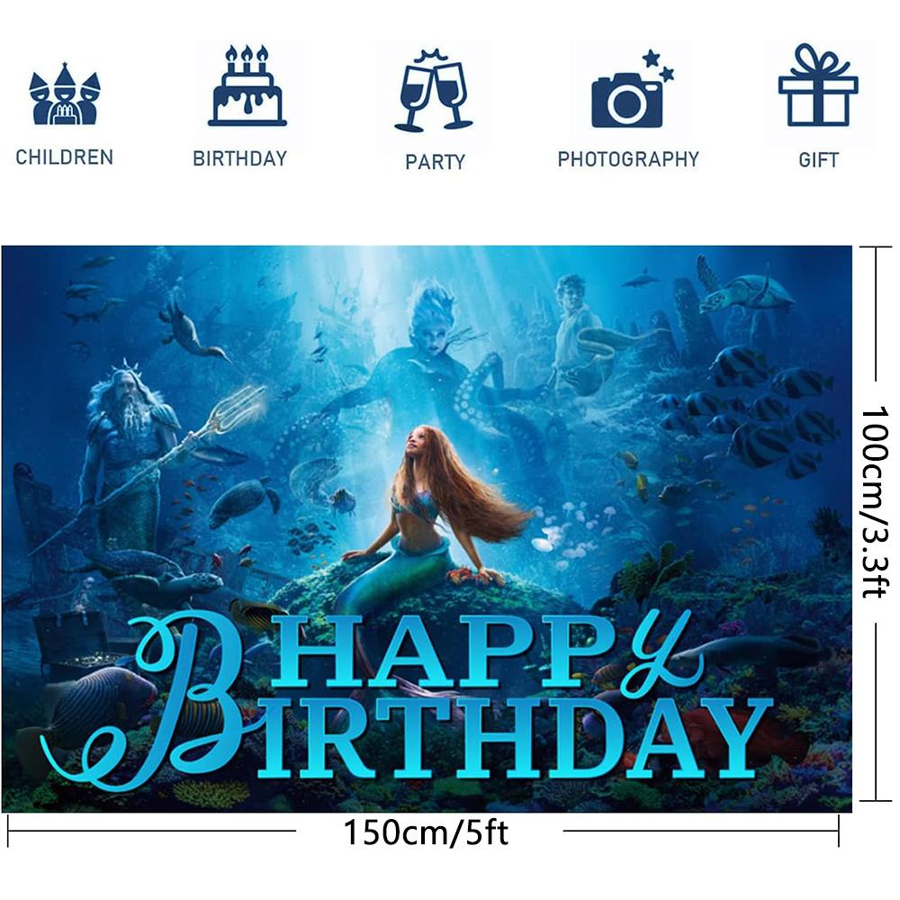 New 5 X 3.3ft The Little Black Mermaid Backdrop Photo Prop for Party Decor