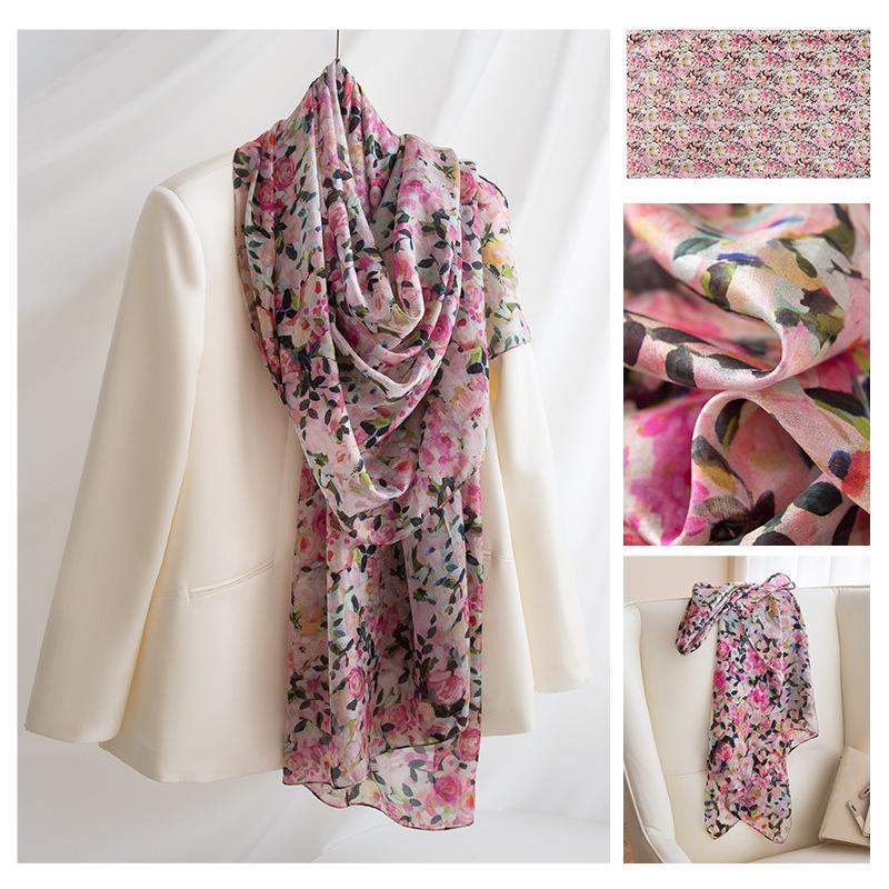 Длинные полосы шелкового шарфа  Высококлассный шарф из тутового шелка  Женский свежий маленький цветочный тонкий стиль  Атмосфера  Большая шаль