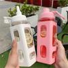 1PC Water Bottle With Straw 3D Cute Bear Sticker Bpa Free Plastic Square Sippy Cup Poratable Drinkware 700ml