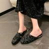 Мода Мода квадратная голова пайетки ткань тапочки весна новый носок глубокий вырез мягкая подошва противоскользящие износостойкие балетки