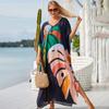 Plus Size Boho Cover Up, Women's Plus Painting Print Bat Sleeve V Neck Split Hem Maxi Cover Up Dress