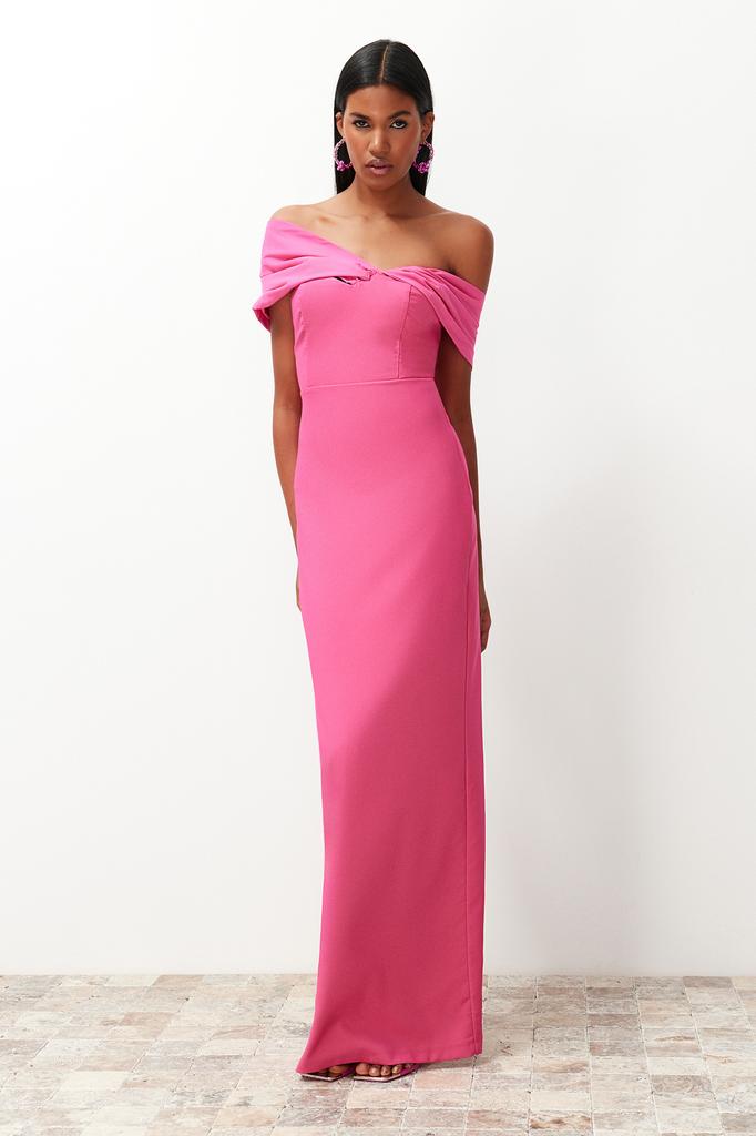 Women's Fashion New Evening Dress & Graduation Dress Black Fitted Asymmetrical Collar Poplin Detailed Long Evening Evening Dress