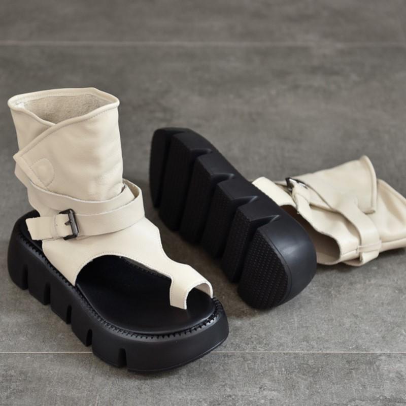 Johnature Peep Toed Thick Soled Women's Sandals Genuine Leather Belt Buckle Roman Platform Shoes