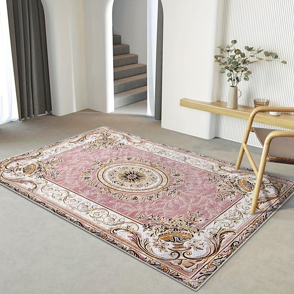 Pink Vintage European Floral Area Rug Luxury Medallion Ornate Border Non‑slip Soft Living Room Carpet