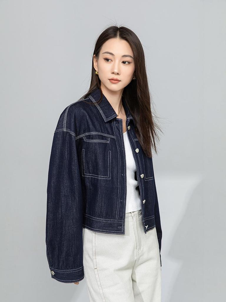 Xin Ge Women's Retro Washed Denim Jacket - Spring Arrival featuring Color Blocking, Contrast Stitching, and Loose Fit Lapel Design.