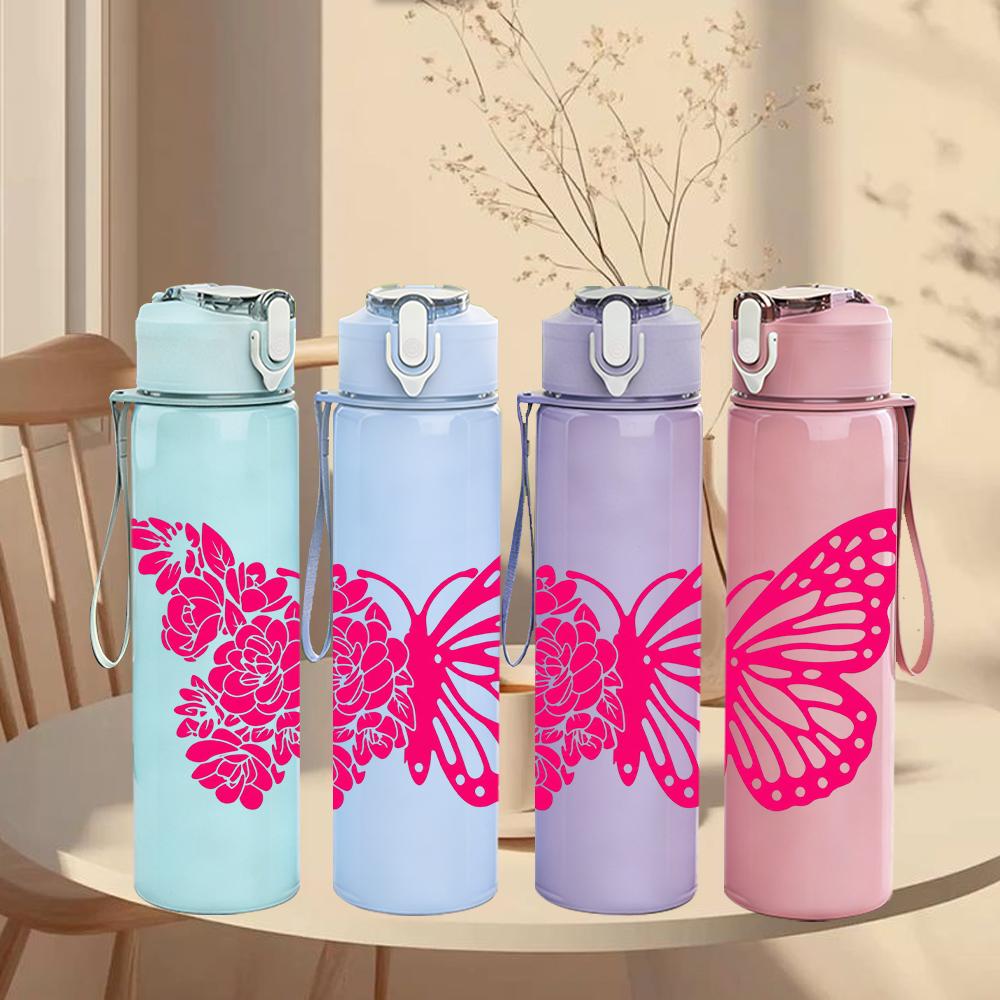 1PC Bright Pink Solid Butterfly 750ml Color Plastic Sports Water Bottle Leakproof Flip Straw Lid Suitable for Sports Office Home Use