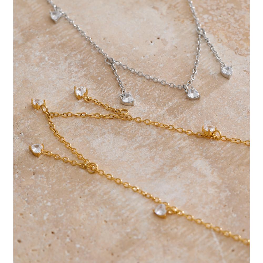 Yhpup Stainless Steel Heart Cubic Zirconia Chain Chic Necklace High-Grade Delicate Collar Fashion Korean Exquisite Jewelry Gift