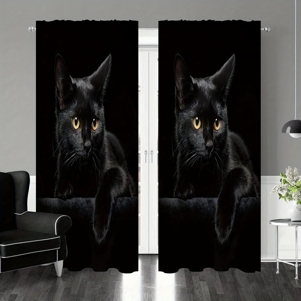 2pcs Artistic Cat Printed Curtain For Home Decor, Rod PocketWindow Treatment, For Bedroom, Office, Kitchen, Living Room,AndStudy