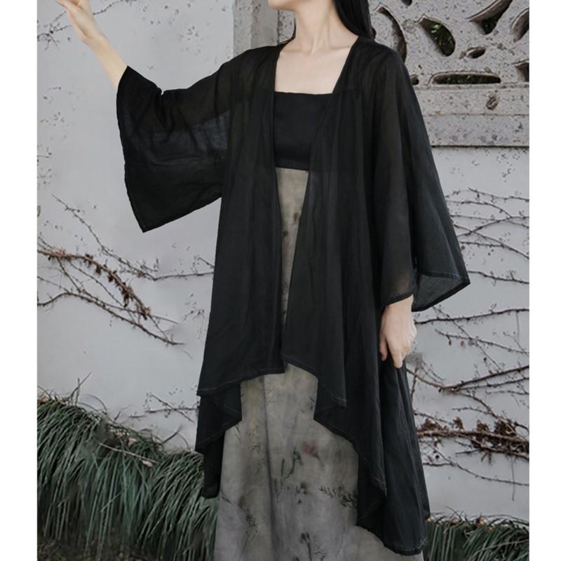 Johnature Woman Autumn Retro Loose Chinese Style Irregular Coat Vintage Flared Sleeves Solid Color Casual Coat