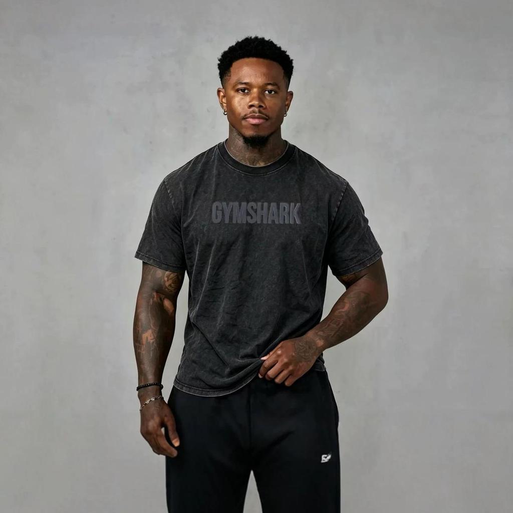 Мужская модная повседневная спортивная футболка Gymshark с стиркой и принтом из хлопка