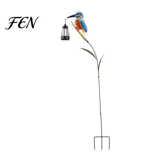 Unique Outdoor Pathway Lights Solar Kingfisher Garden Stake Light, Metal Bird Yard Art with Hanging Lantern, Auto-On Decorative Lanterns LED