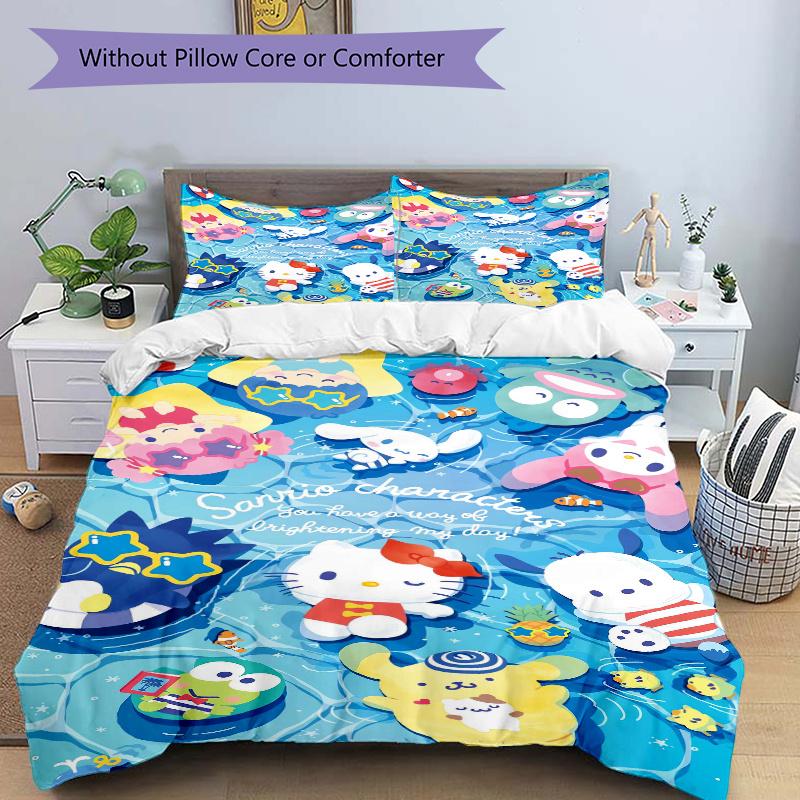3pcs Sanrio Characters Swimming Bedding Set Includes 1 Quilt Cover and 2 Pillowcases, Comfortable Bedding with Stylish Design for Bedroom W093