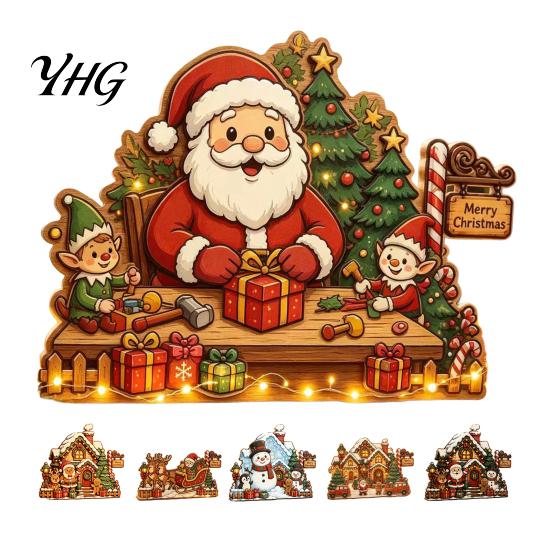 Rustic Winter Home Accents Christmas Wooden House Ornament, Santa Claus/Snowman/Elk Sleds/Winter Cabins Sturdy Wood Snowman Ornament Scene Figurines,