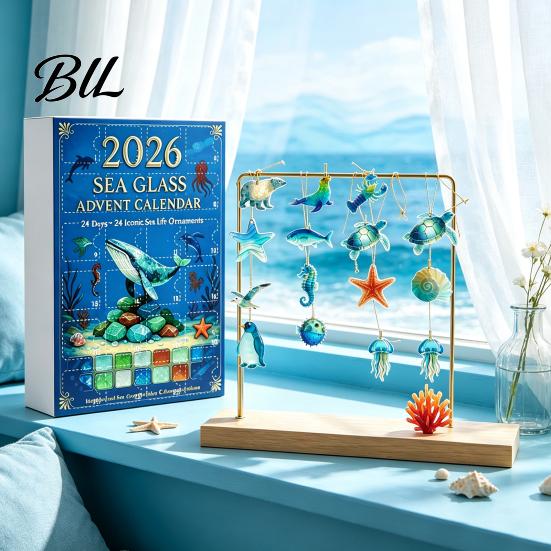 Hanging Ornaments for Tree Sea Life Advent Calendar 2026, 2D Christmas Countdown Box with Acrylic Decorations Ocean Animal Pendants, Festive