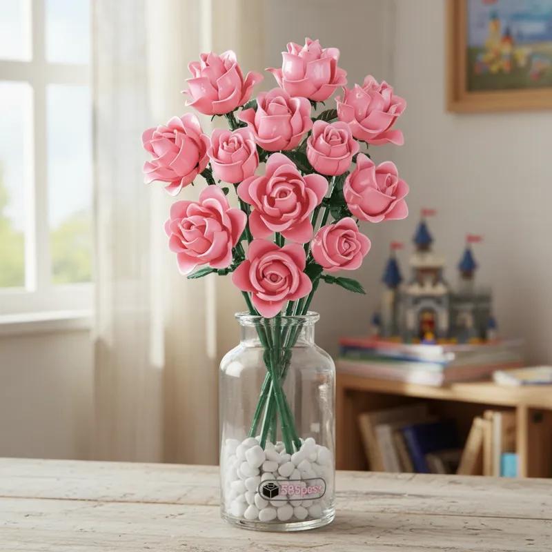 585Pcs Gothic Black Pink Blue Rose Flower Bouquet Building Blocks Set Creative Decoration Valentine Gift Idea Beautiful Box