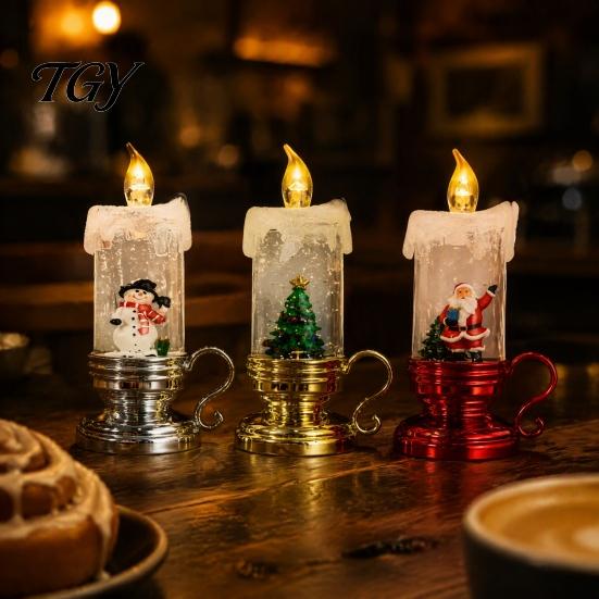 Cozy Living Room Lighting Christmas Night Light, Flameless LED Water Filled Candle Lamp with Vintage Style Home Decor Falling Snow, Tabletop