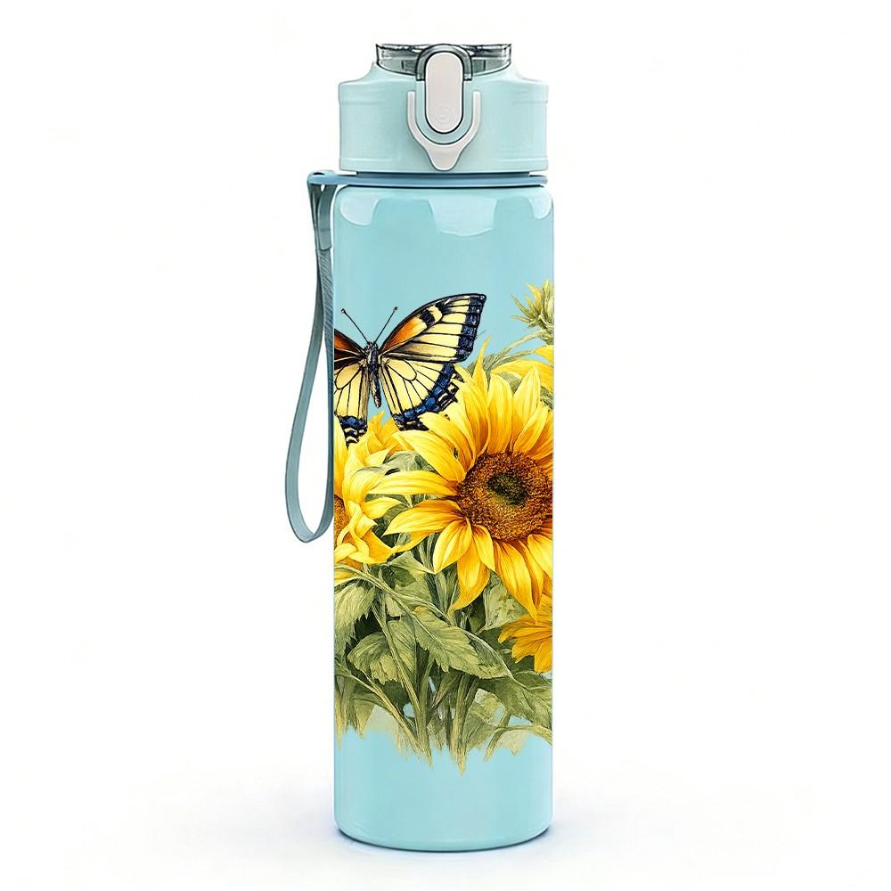 1PC Sunflower Butterfly Floral Print 750ml Color Plastic Sports Water Bottle Leakproof Flip Straw Lid Suitable for Sports Office Home Use