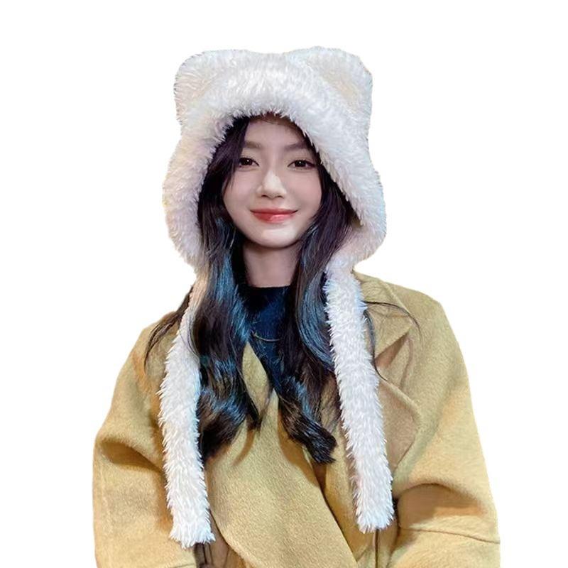 Новая зимняя шапка корейской версии, симпатичная, утолщенная, пушистая, с медвежьими ушками, защитная шапка с кошачьими ушками, теплая, со шнуровкой, термошапка