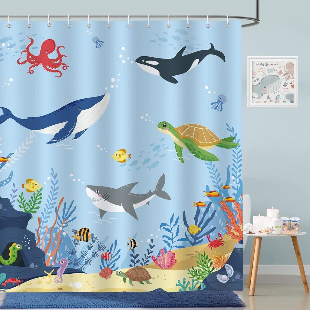 Whale Ocean Blue Kids Cartoon Undersea Theme Waterproof Washable Polyester Shower Curtain 180 X 180Cm With 12 Hooks
