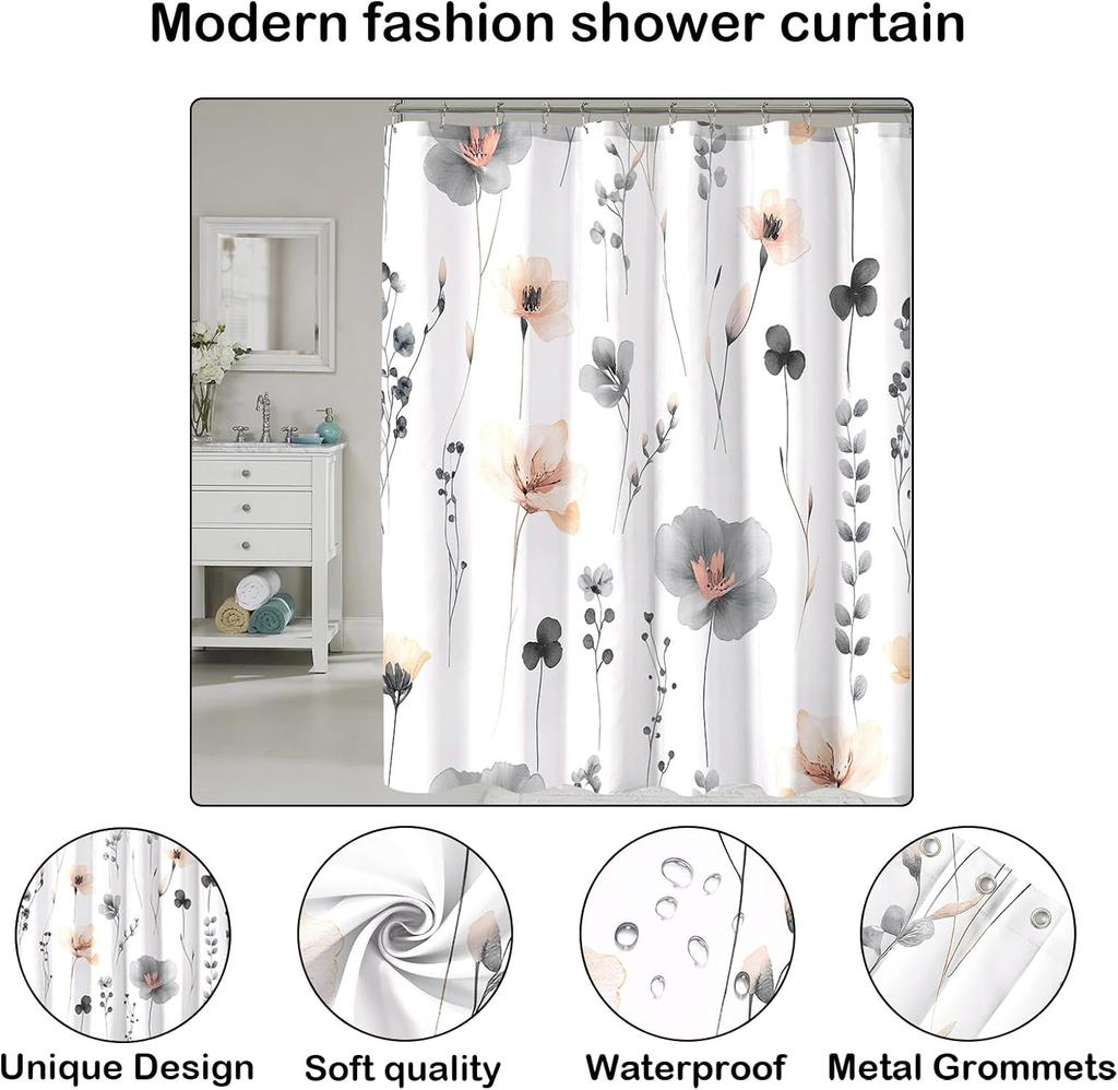 Gray Beige Floral Shower Curtain, Watercolor Floral Bathroom Shower Curtain, Modern Simple Waterproof Fabric Bathroom Decor