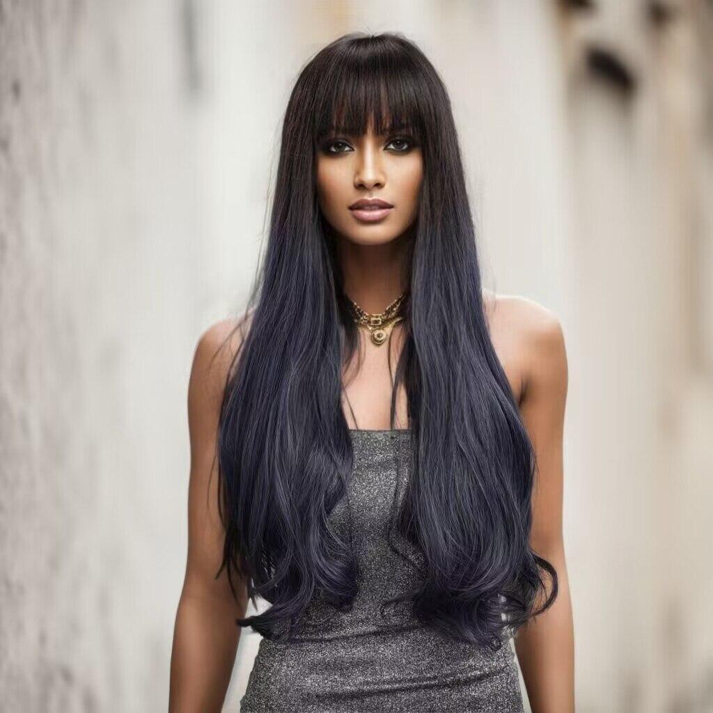 LOUIS FERRE Длинные волны Ombre, черные, синие парики с челкой для чернокожих женщин, натуральный синтетический парик для вечеринок, повседневный термостойкий парик