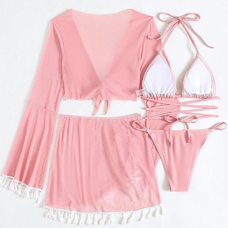 New Women's Split Four Piece Bikini Swimsuit Sexy Solid Lace Up Bikini Elegant Tassel Long Sleeve Fresh Beach Bikini