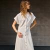 Womens Linen Tencel Blend Midi Dress With Adjustable Waist Short Sleeve High-Waisted Office Casual