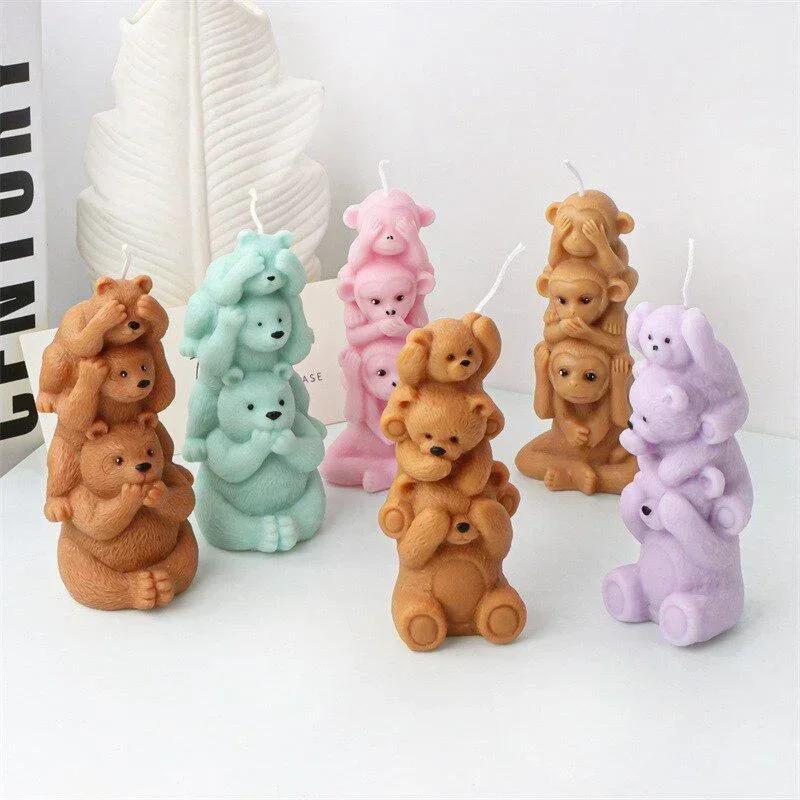 3D Handmade Diy Monkey Bear Shape Silicone Candle Mold Family of Three Overlapping Animals Resin Molds DIY Crafts Home Decor