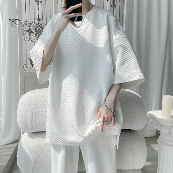 Летняя мужская футболка с круглым вырезом, свободная средней длины, сплошной цвет, вафельная текстура, плюс размер, половина рукава, уличная одежда в японском стиле, топ на открытом воздухе