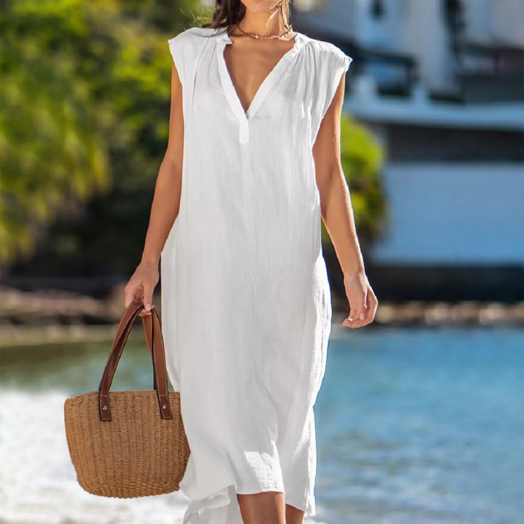 Женское платье из хлопка и льна, без рукавов, однотонное, свободное, с V-образным вырезом, повседневное, летнее