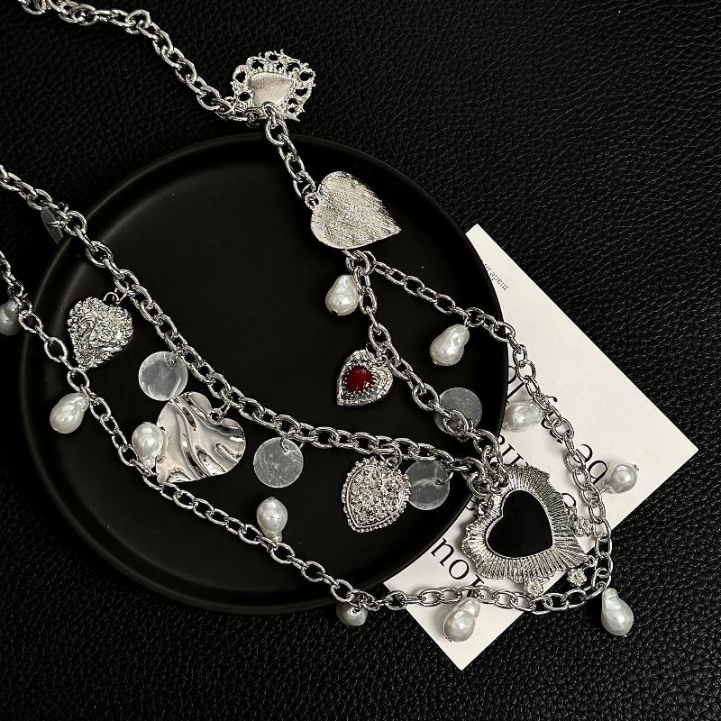 Silver Double Layer Heart Pearl Waist Chain for Women Vintage Metal Belly Chain Adjustable Accessory for Night Party