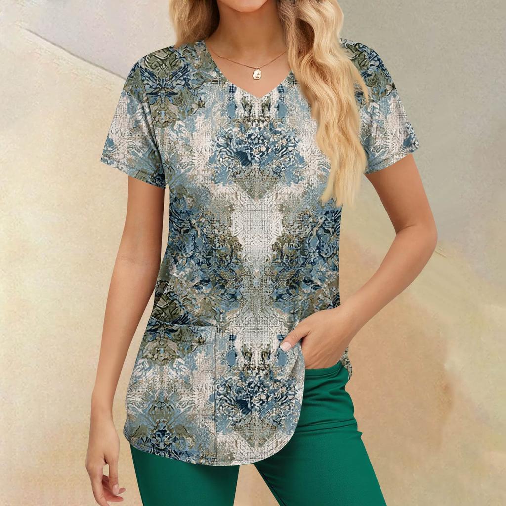 Plus Size Printed Scrub Working Uniform Tops For Women's V-Neck Print Short Sleeve Fun T-Shirts Workwear Tee With Pockets