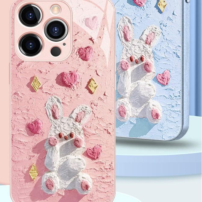 Трехмерный розовый стеклянный чехол-кролик для iPhone 16 Apple 17promax мелкодырчатый полностью закрывающий чехол для мобильного телефона
