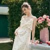 Oulain French-Style Floral Chiffon Spaghetti Strap Dress with Ruffle Trim, Waist-Cinching Long Dress