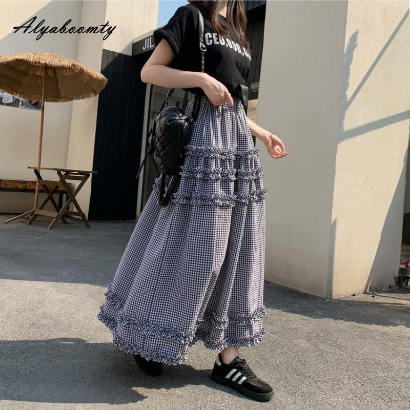 Корейский стиль весна-лето женская юбка миди эластичный пояс черная синяя клетчатая юбка с оборками элегантная женственная женская базовая юбка женская