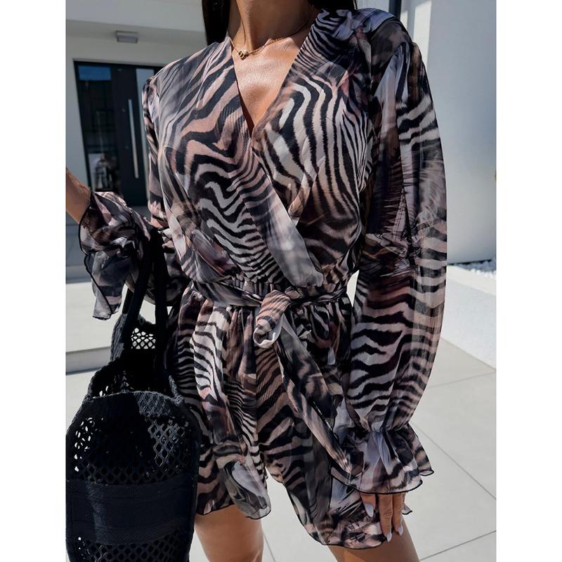 Новые модные винтажные комбинезоны с пышными рукавами и цветочным принтом, женские элегантные облегающие повседневные женские комбинезоны с V-образным вырезом и шнуровкой, летние боди для офисных леди 26160