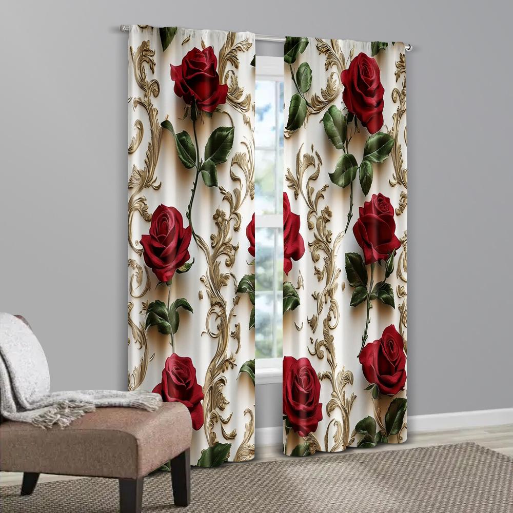 2pcs, Upscale Curtains 2D Print Red Roses & Golden Floral Pattern Polyester Woven (without Rod) All Seasons for Bedroom and