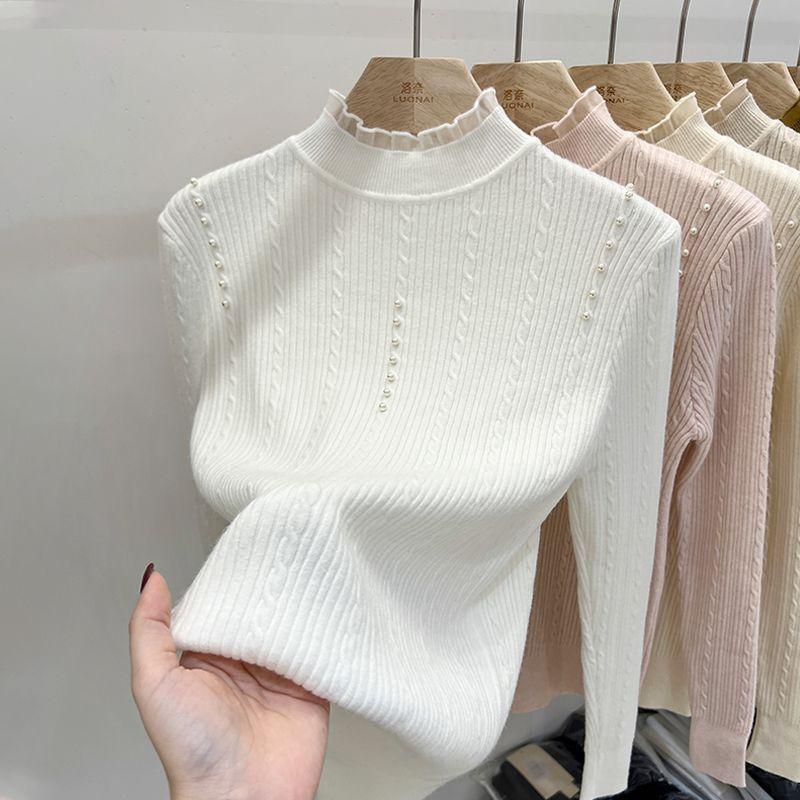 Кружевной свитер с высоким воротом Женский осенне-зимний свитер с косами и жемчугом, приталенный пуловер, топ, вязаный свитер, длинный рукав