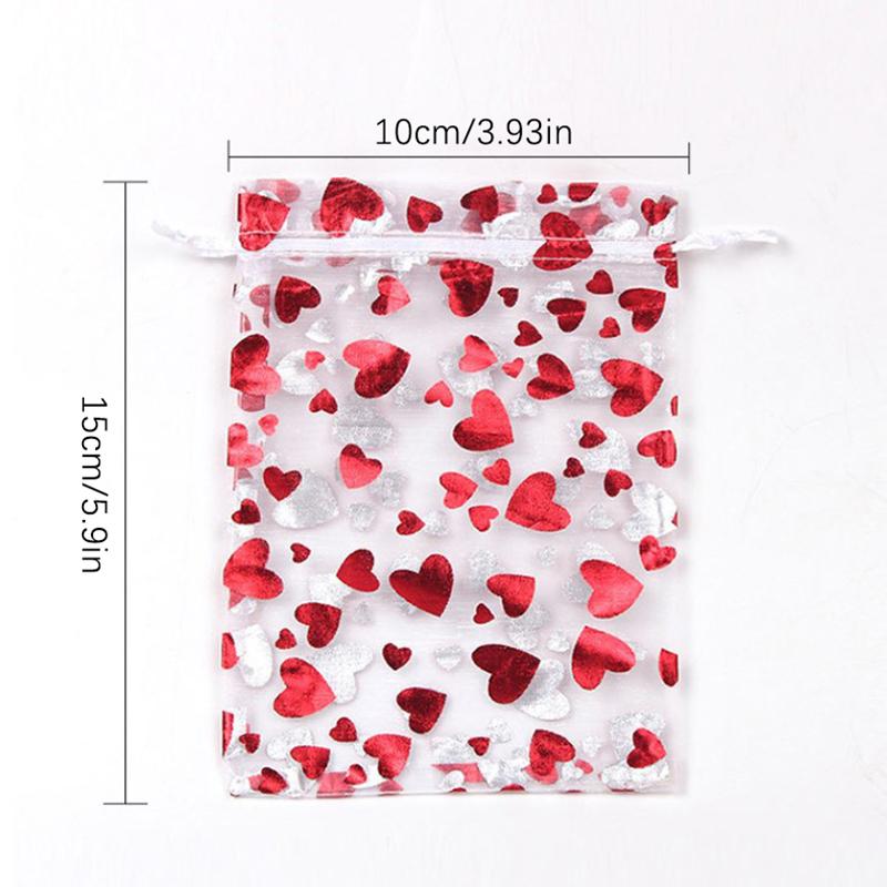 10Pcs Fashionable Red Love Heart Organza Bags Wedding Party Gift Drawstring Bag For Candy,chocolate,small Jewelry And Snacks