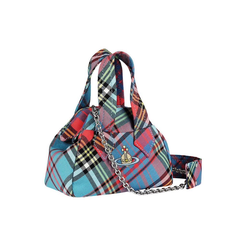 Vivienne Westwood Detachable Adjustable Chain Shoulder Strap Saturn Logo Bowling Bag Embroidered Plaid Wool Mini Handbag 4201008EW00H6G201