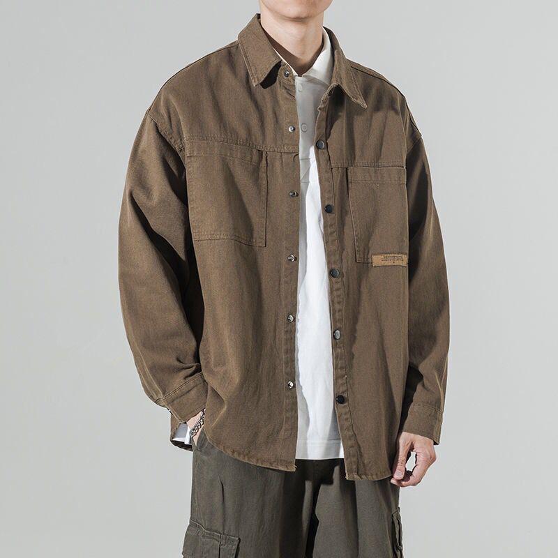 Мужская повседневная однотонная рабочая рубашка с лацканами — свободного покроя для весны и осени
